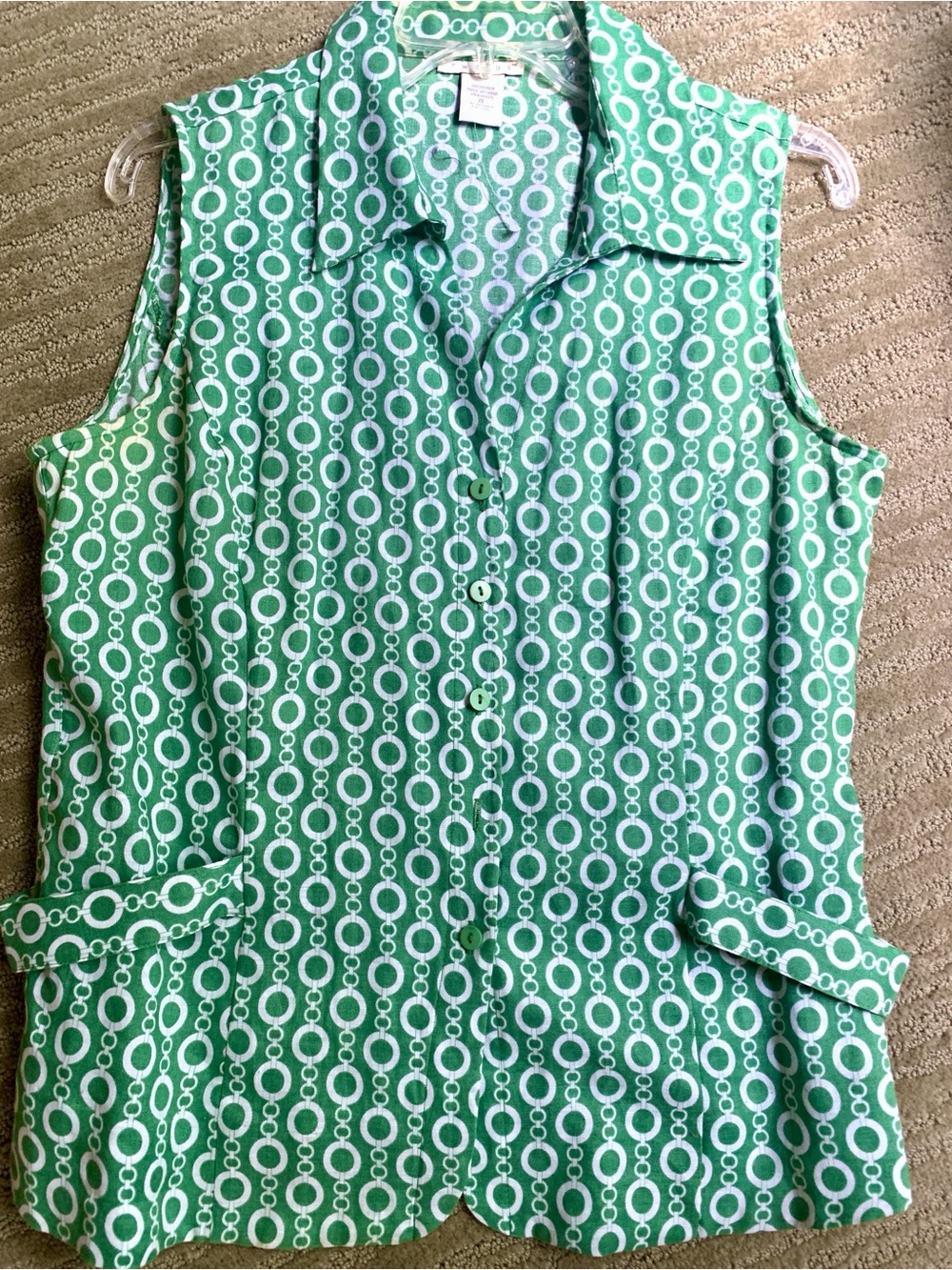 Tweeds Sleeveless Green Chain-Link Button Front Tunic, Large